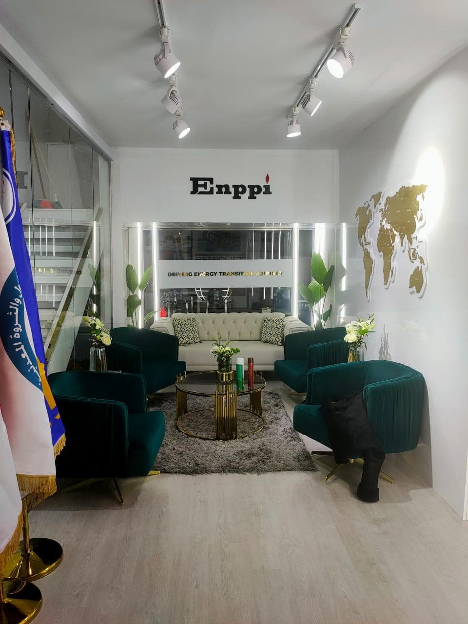 Gold world map feature wall, Equal's stand for Enppi